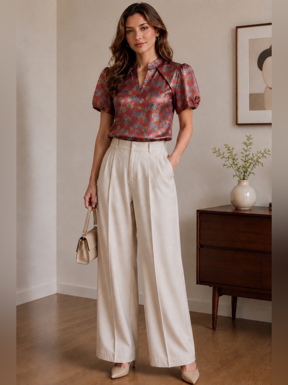 NWT Umgee Metallic Floral Jacquard Puff Sleeve Blouse - Size Small